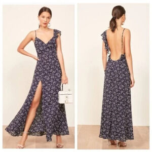 REFORMATION Trista Maxi Dress Bonne Floral Blue White Slit Maxi Open Back XL